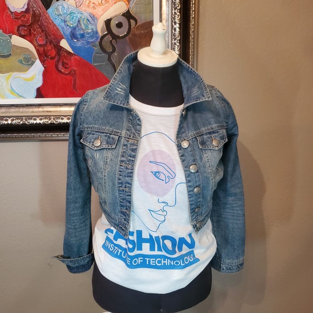 Gianni Bini Womens Size XS Blue Denim Jacket Cropped Jean Button Front Cotton